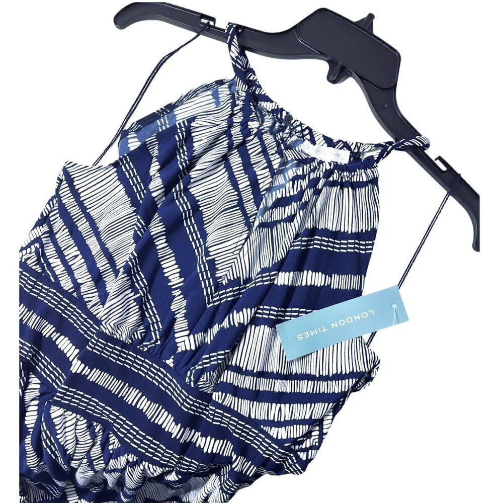 London Times Womens Blue Halter Diamond Print Jersey Knit Maxi Dress Sz 12 New - Picture 3 of 7